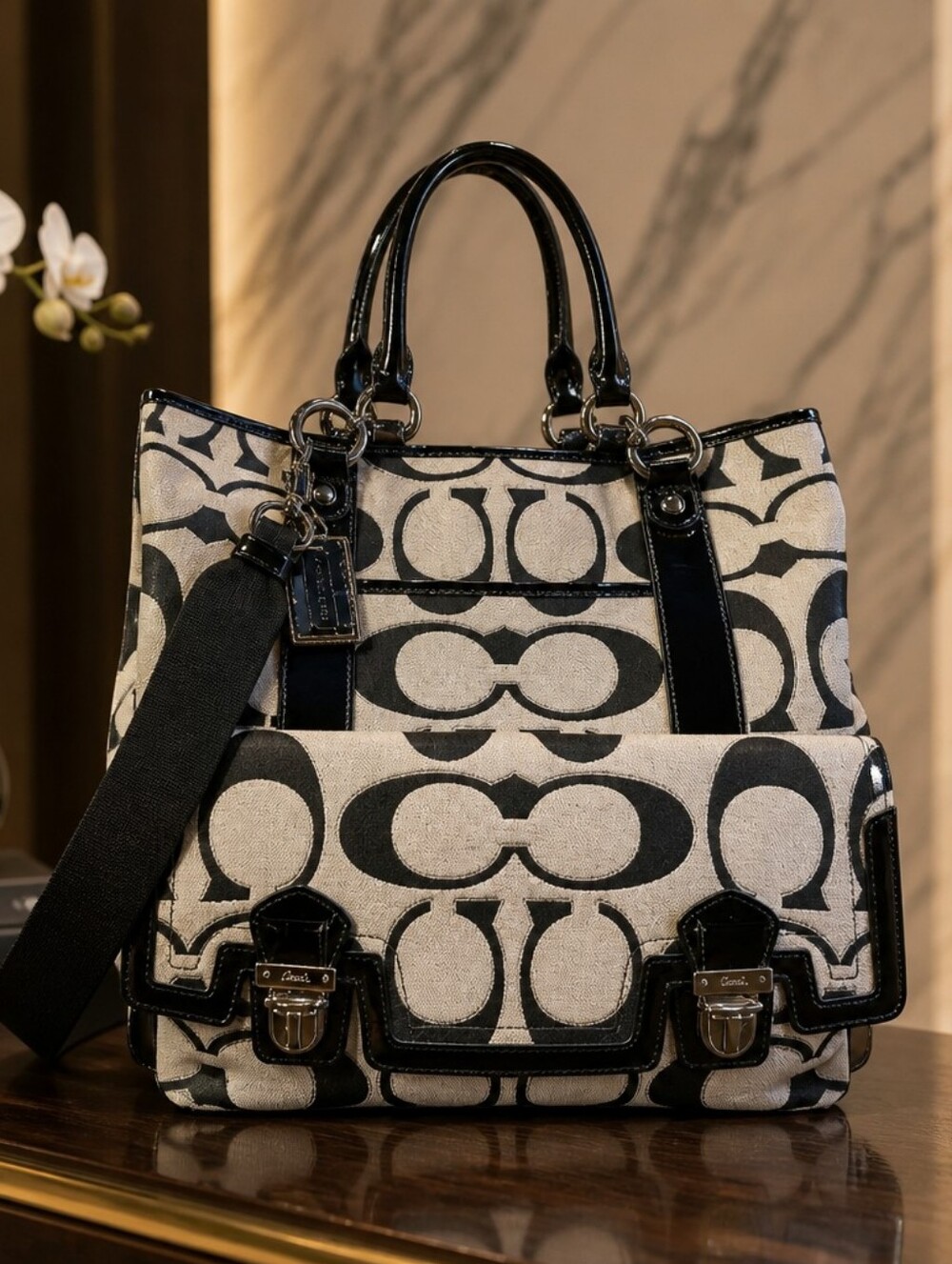 Rare Coach Poppy Lurex Signature Tote bag featuring a black and gray monogram